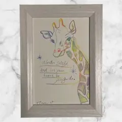 額装　額付き原画　絵画　アート　色鉛筆画　ドローイング　ポストカード　キリン