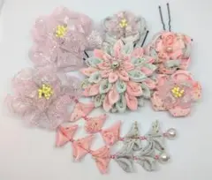ピンクシルバーの髪飾り✽つまみ細工　髪飾り