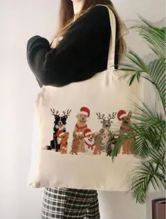 犬柄クリスマストートバッグ　キャンバス　可愛い　お洒落　個性的　カジュアル　新品
