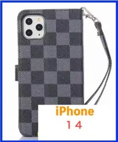 iPhone 14 ケース 手帳型 【黒】おしゃれ 秋冬 チェック柄 14用