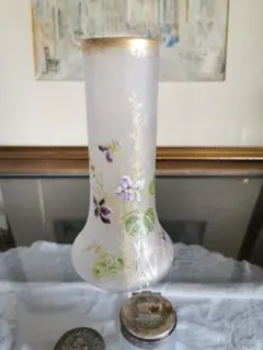 アンティークフランス ルグラ 手描き盛上げエナメル金彩 菫紋 ヴィオラガラス花瓶