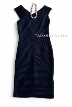 美品 タダシショージ 総ピンタック 切替ドレープ ドレスワンピースネイビー