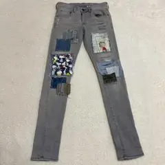 H&M リメイクデニム　スヌーピー　パッチワーク　ダメージ加工　ストレッチ
