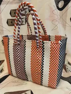 美品！　Mexico製　メルカドバッグ　オレンジストライプ　マルチカラー　かご