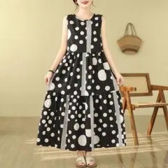 ワンピース　マキシ丈　ドット　水玉　ブラック　黒　夏　ノースリーブ
