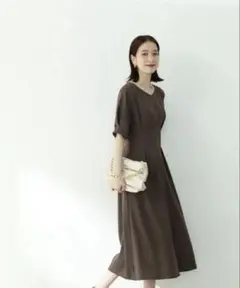 【美品✨麻調/ウエストタック ワンピース】ナチュラルビューティー　ブラウン　M