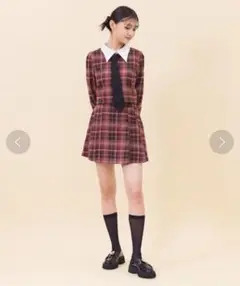 【セットアップ】ネクタイチェックトップス チェックプリーツスカショーパン 赤