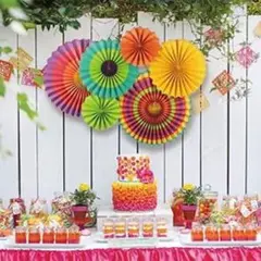 新品✨誕生日 飾り ペーパーファン 飾り付けセット 6点セット　赤　黄　緑　橙