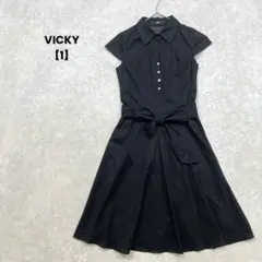 a2291＊VICKY 半袖シャツワンピース　黒【1】綺麗め　ウエストマーク