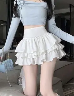 【送料無料新品】SHEIN白ミニスカートフリルハイウエストホワイトインパン裏地
