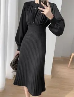 韓国ファッション ニットワンピース ロングワンピース ブラック レディース 秋服