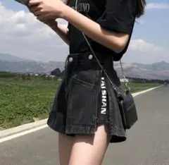 【残り僅か】ハイウエスト　ショートパンツ　デニム　英文字　Ｌ