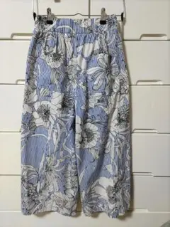 ZARA　ボタニカル　花柄　ワイドパンツ　ストライプ 青