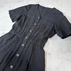 グローバルワーク《黒》フレンチリネンワンピース(L)ロング マキシ フレア