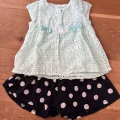美品✨ミントグリーン レース トップス &ドット柄キュロットセット90&95