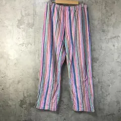 Y5596古着　柄パンツ　パジャマパンツ　ストライプ　ピンク　青　紺　緑　グレー