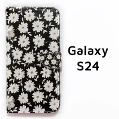 Galaxy S24 黒 白 花 手帳ケース