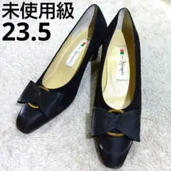 銀座 かねまつ パンプス 黒 スエード リボン付き スエード 23.5cm