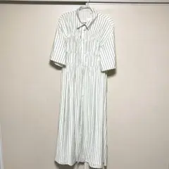【未使用】アイボリー ストライプ 七分袖 シャツワンピース Mサイズ
