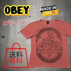 美品OBEYシングルステッチUSA製Tシャツ 自転車Mピンク　サイクル　アメカジ