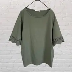 シネマクラブ♡半袖Tシャツ カットソー カーキ グリーン系M 袖レース 古着