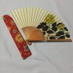 手書きバラ柄扇子とハンドメイド縮緬扇子入れ