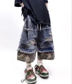 y2k デニム迷彩ダメージショートパンツ ショーツ