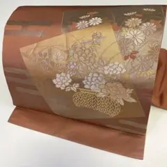 【着】13919o 着物 九寸名古屋帯 蒔絵金彩錦 ヱ霞に流水・花文様 金銀糸