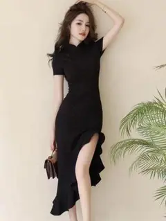 ⑧新品✨セクシースリットフリルドレスワンピースS✨パーティー キャバ