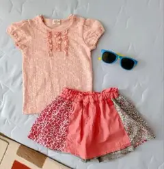 ピンクTシャツと花柄パンツスカートセット