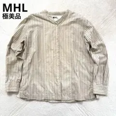 極美品 MHL ノーカラーシャツ ボタンダウン ストライプ ベージュ I 綿