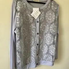 ひまわり刺繍 ライトグレー シアーカーディガン