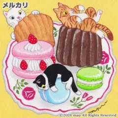 原画「三匹の猫〜フランス菓子」マカロン/マドレーヌ/猫/イラスト/アート/絵画