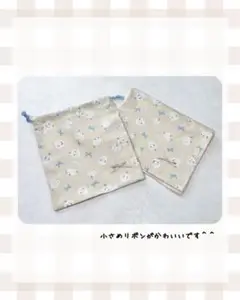 シマエナガの水色リボン柄　シンプルな給食袋セット　巾着袋　ナフキンセット