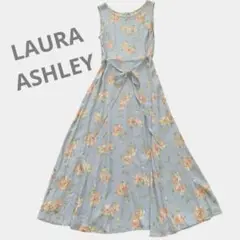 ローラアシュレイ　花柄ノースリーブワンピース　ライトブルー　リボン　11AR