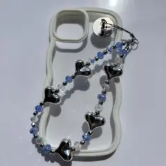 再販‼︎SilverHeart×Blueビーズストラップ♡スマホストラップ♡