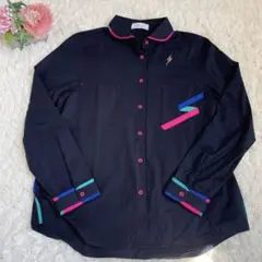 【極微品】ネイビー 長袖シャツ カラフルアクセント 紺色　L