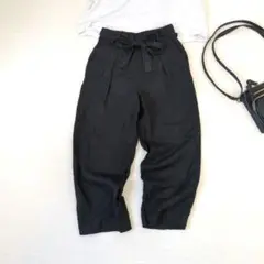 【ドレステリア】ゆったりリネンワイドテーパードパンツ『36』ブラック　布ベルト付