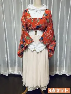 和洋折衷コーディネート⑳ オレンジ花柄×ベージュ系4点セット アンティーク