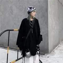 Tシャツ　長袖　ユニセックス　ストリート　ロンT　ダメージ　ビッグシルエット　黒