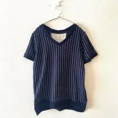 ☆ Tシャツ カットソー Vネック ストライプ サイドスリット 綿混 M