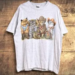 00s　猫 ねこ ネコ　カウボーイ キャット　アニマル Tシャツ　グレー　XL