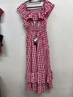 新品夢展望ディアリー赤と白のチェック柄 ロングワンピース
