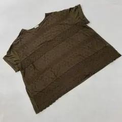 noannu Tシャツ 半袖 ブラウン 刺繍 レースデザイン カジュアル LL