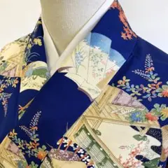 【春】15221o 着物 小紋 扇子と地紙に花植物文様 古典柄 しつけ付き