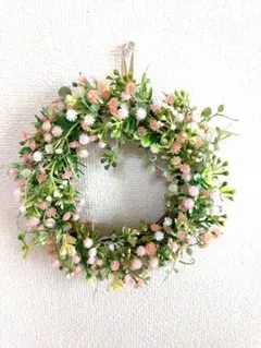 ミニリース　造花リース サーモンピンクのかすみ草