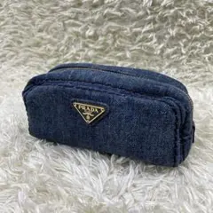 【美品】プラダ デニム 化粧 ポーチ ステッチ コスメ 三角プレート ブルー