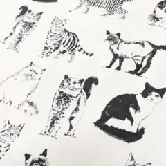 猫柄　生地　はぎれ　モノクロ
