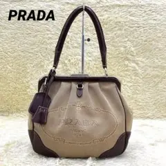 【PRADA】ハンドバッグ キャンバス ライトブラウン デカロゴ 三角プレート