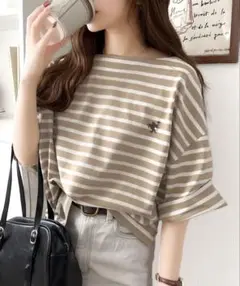 オーガニックコットン100%オーバーサイズパネルボーダーTシャツ　ベージュ系